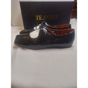 TEAIEUI TB855 Womens Square Toe Flats Black Snakeskin Lace Up Shoes Size 8